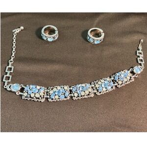Vintage Barclay Blue Rhinestone Choker Necklace and Clip-On Earrings Set Silver
